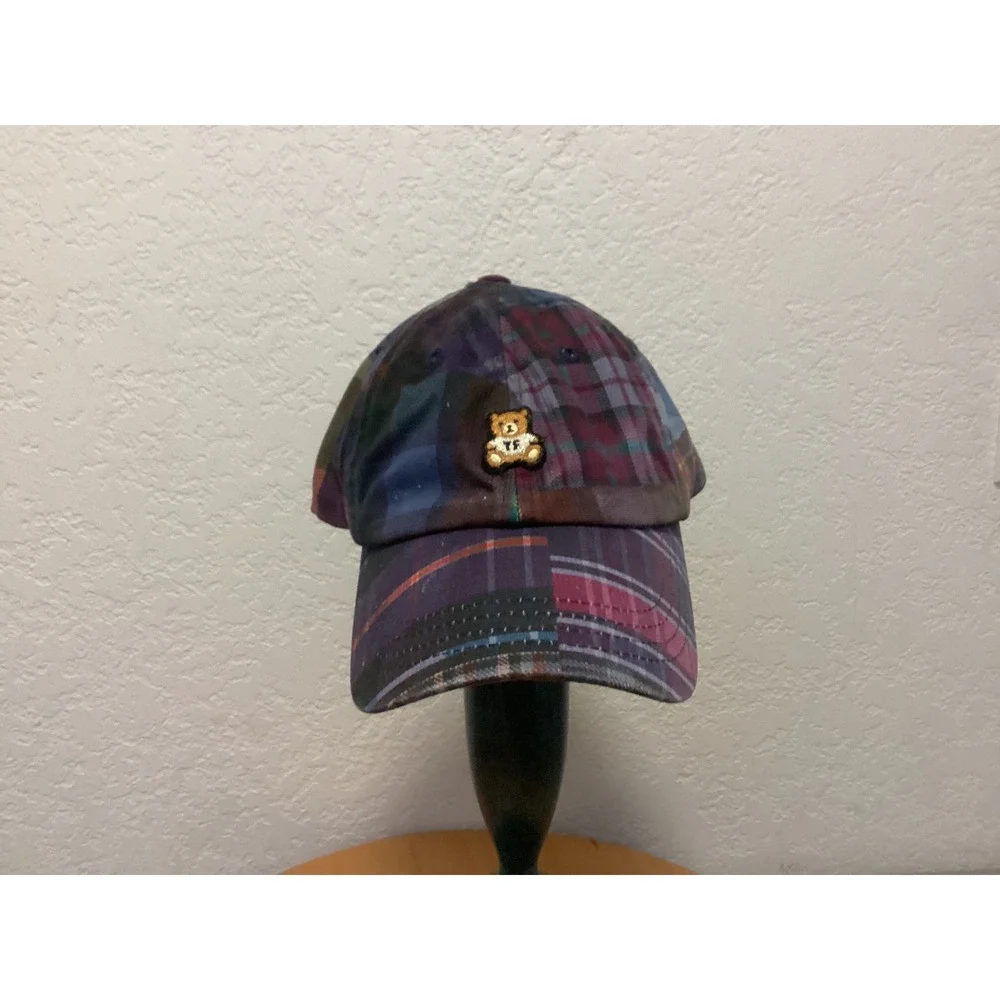 Teddy Fresh Plaid Hat Cap Bear Blue Maroon Multicolored Adjustable Cotton